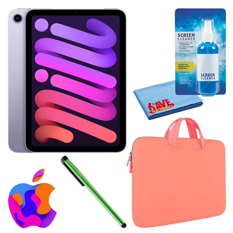 Apple iPad Mini 6 (64GB, Cellular, Purple) Bundle with Zipper Sleeve