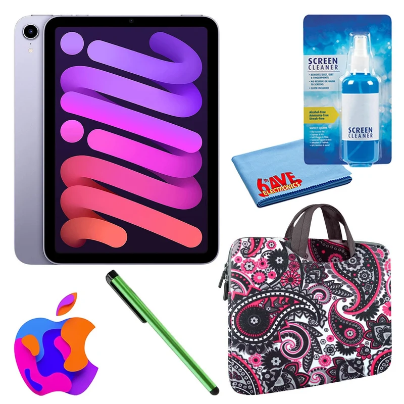 Apple iPad Mini 6 (64GB, Cellular, Purple) Bundle with Zipper Sleeve