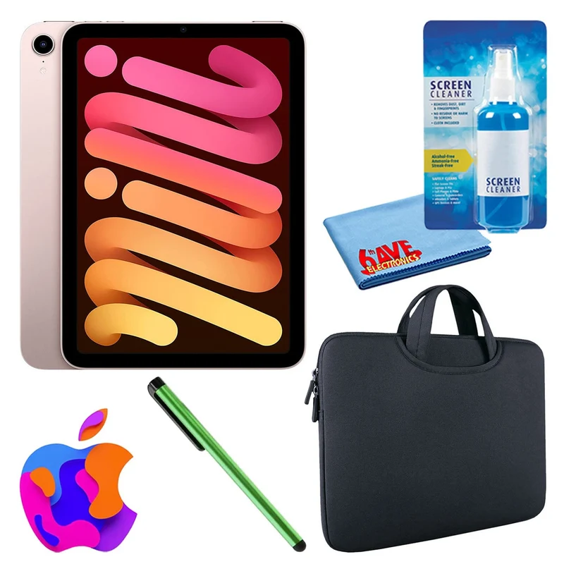 Apple iPad Mini 6 (64GB, Cellular, Pink) Bundle with Zipper Sleeve
