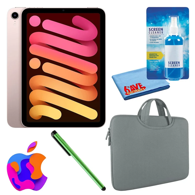 Apple iPad Mini 6 (64GB, Cellular, Pink) Bundle with Zipper Sleeve