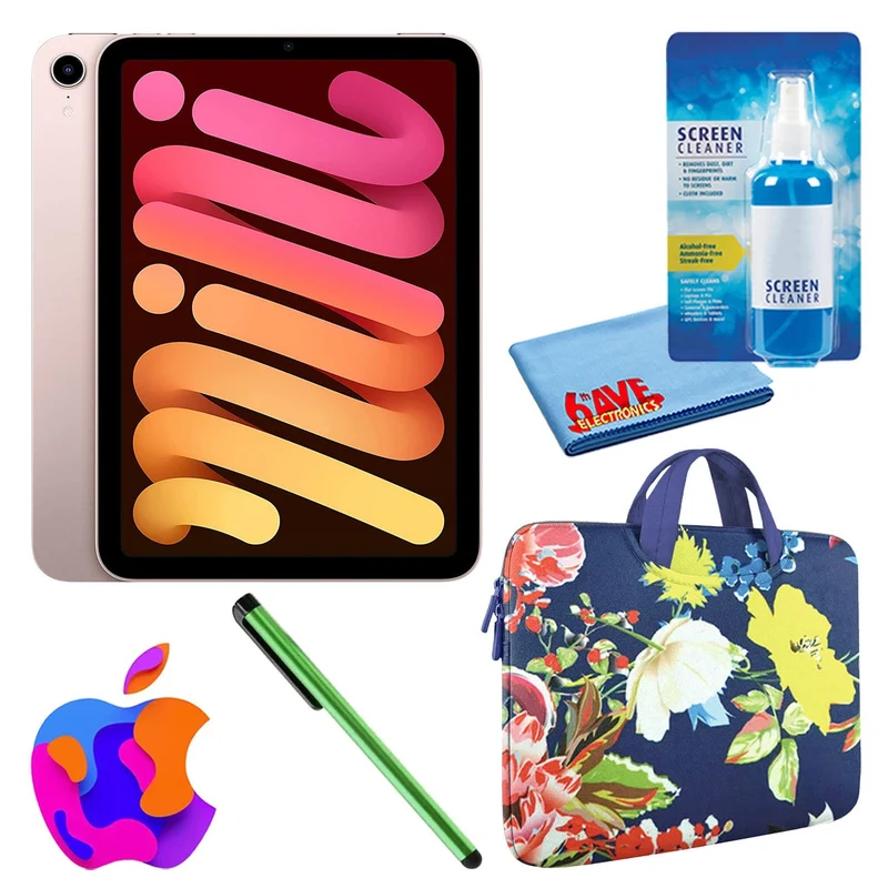 Apple iPad Mini 6 (64GB, Cellular, Pink) Bundle with Zipper Sleeve