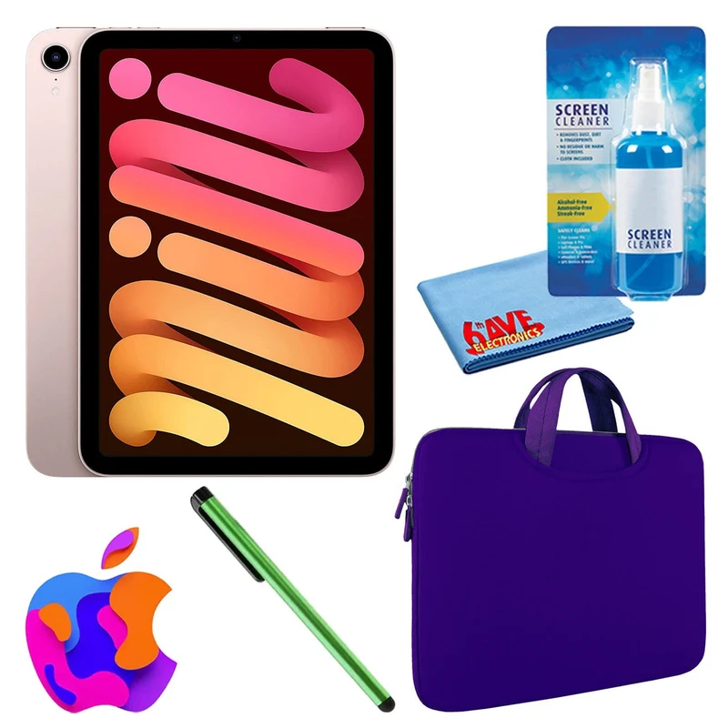 Apple iPad Mini 6 (64GB, Cellular, Pink) Bundle with Zipper Sleeve