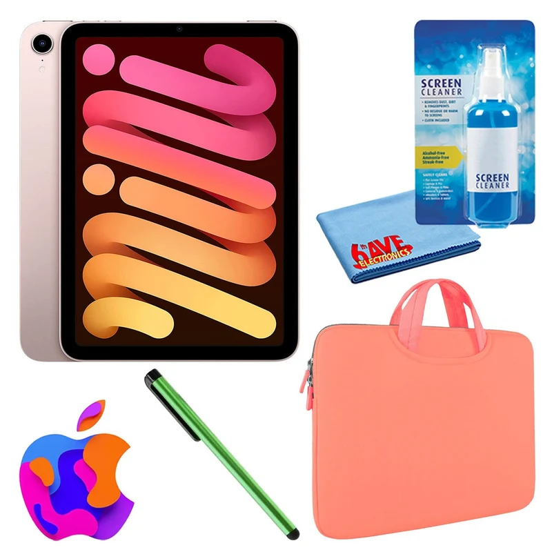 Apple iPad Mini 6 (64GB, Cellular, Pink) Bundle with Zipper Sleeve