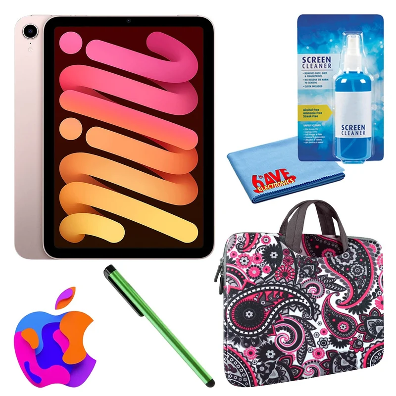 Apple iPad Mini 6 (64GB, Cellular, Pink) Bundle with Zipper Sleeve