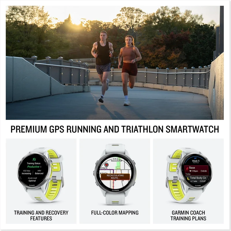 Garmin® Forerunner® 970, Premium GPS Running and Triathlon Smartwatch, AMOLED Display, Built-in LED Flashlight, Titanium with Whitestone Case and Whitestone/Translucent Amp Yellow Band