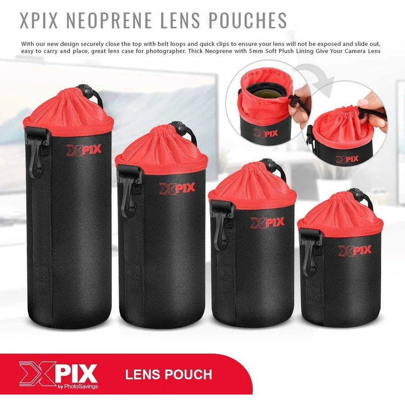 XPIX Small Neoprene Pouch Bag for DSLR Camera Lenses (Canon, Nikon, Sony, Olympus,Fujfilm,Panasonic, and More)