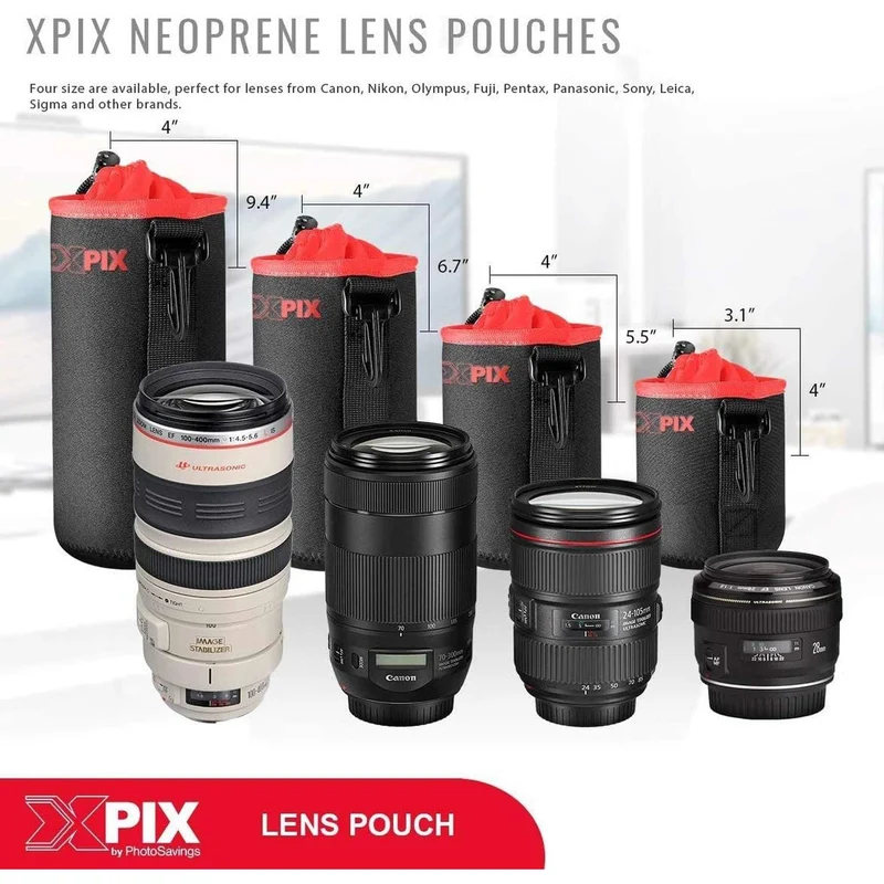 XPIX Small Neoprene Pouch Bag for DSLR Camera Lenses (Canon, Nikon, Sony, Olympus,Fujfilm,Panasonic, and More)
