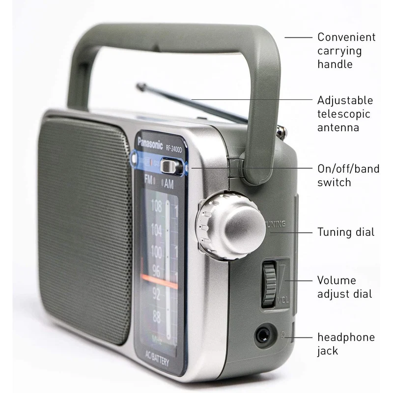 Panasonic Portable AM / FM Radio, Battery Operated Analog Radio, AC Powered, Silver (RF-2400D)