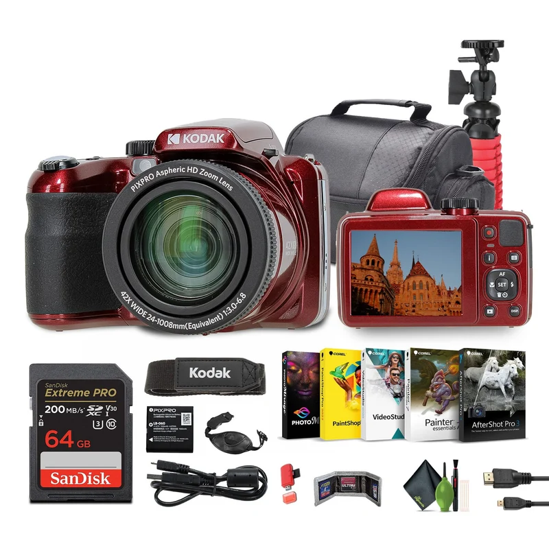 KODAK PIXPRO AZ425 20MP Digital Vlogging Camera +64GB Memory Card + More (RED)