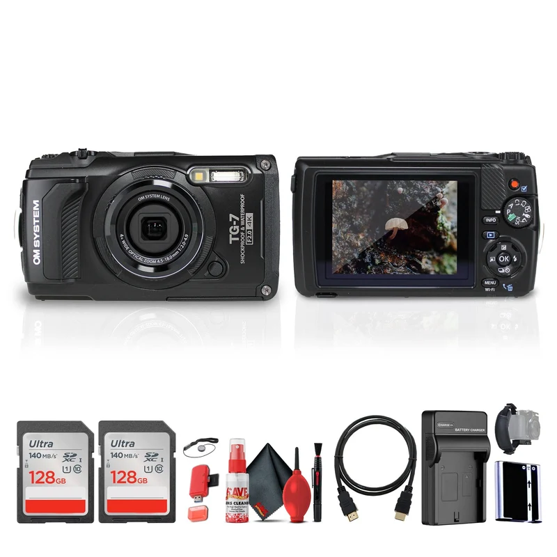 OM SYSTEM Tough TG-7 Digital Camera (Black) Bundle