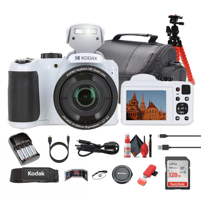 Kodak Pixpro AZ255 Digital Camera in White (AZ255WH) Bundle with Accessories