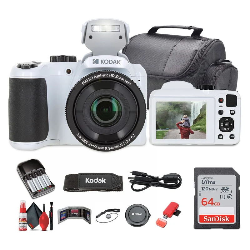 Kodak Pixpro AZ255 Digital Camera in White (AZ255WH) Bundle with Accessories