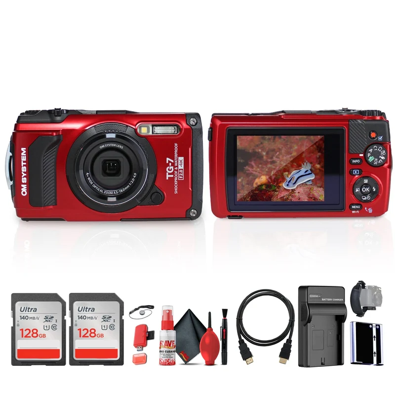 OM SYSTEM Tough TG-7 Digital Camera (Red) Bundle
