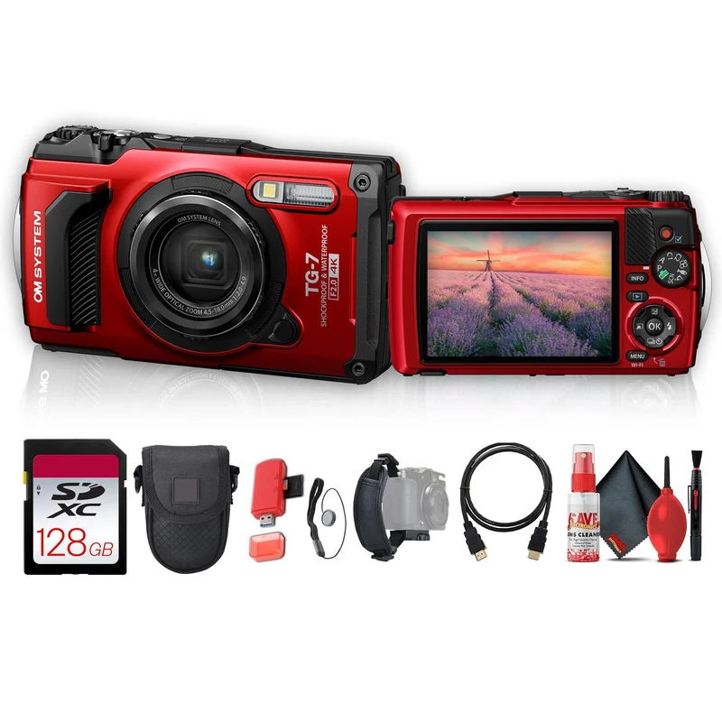 OM System Tough TG-7 Digital Camera (Red) Bundle