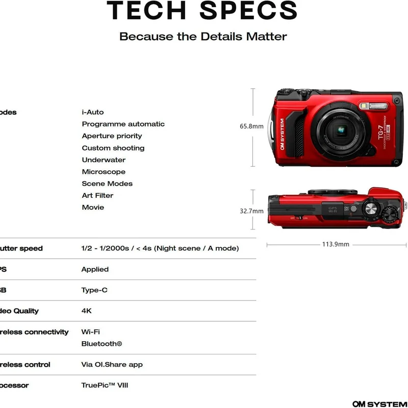 OM System Tough TG-7 Digital Camera (Red) Bundle