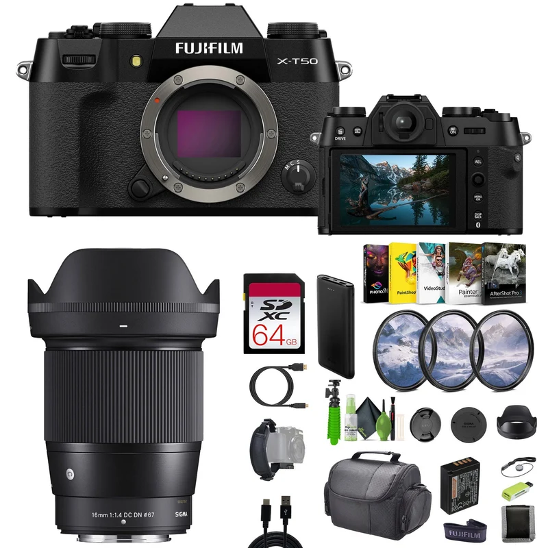 Fujifilm X-T50 Mirrorless Digital Camera + Sigma 16mm Contemporary Lens + More
