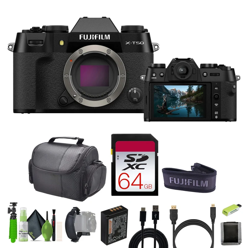 Fujifilm X-T50 Mirrorless Digital Camera+ 64GB Card + Tripod + More Accessories - Black
