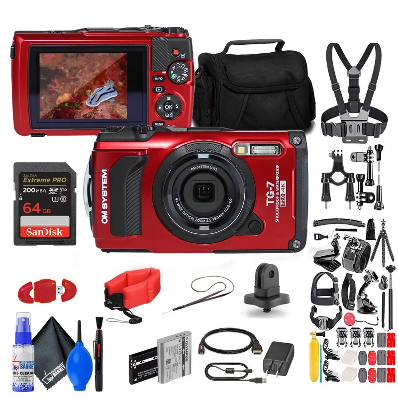 OM SYSTEM Tough TG-7 Red Waterproof Camera with 50 Piece Accessory Kit + Extra Battery + More