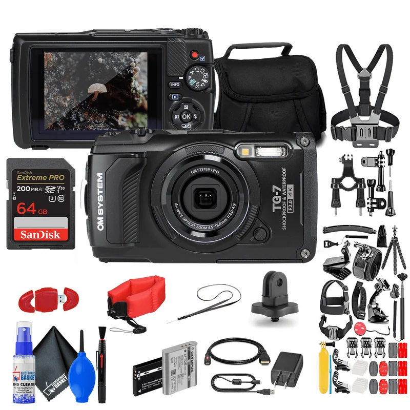 OM SYSTEM Tough TG-7 Black Waterproof Camera with 50 Piece Accessory Kit + Extra Battery + More