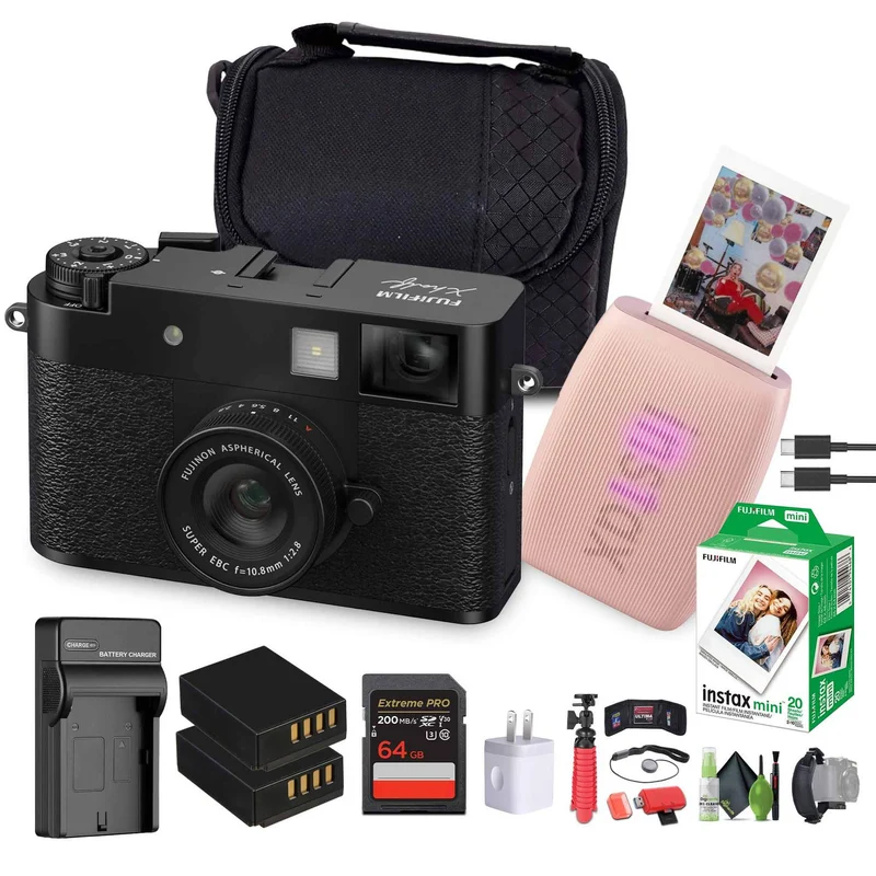FUJIFILM X Digital Camera (Black), MINI LINK 3 Smartphone Printer(Rose Pink)