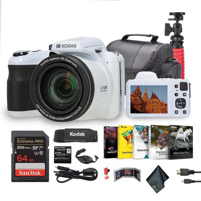 KODAK PIXPRO AZ425 20MP Digital Vlogging Camera +64GB Memory Card + More (White)