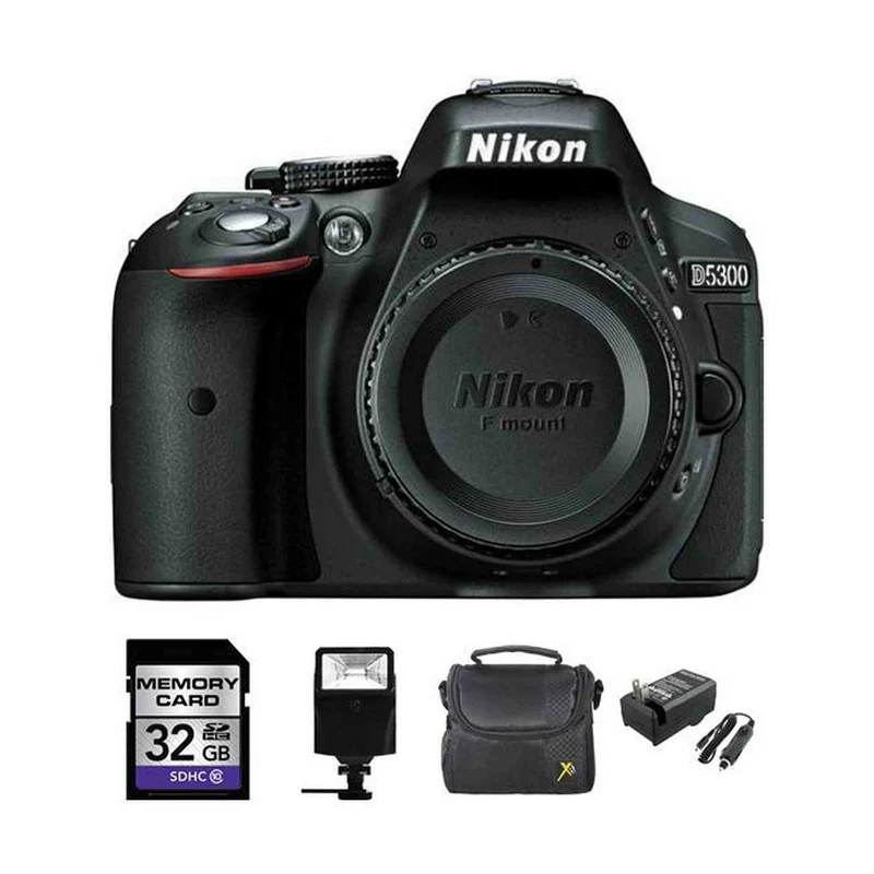 Nikon D5300 Digital SLR Camera (Body) - Black + 32GB, Flash, Case & Charger