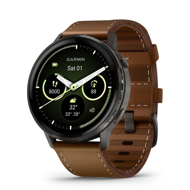 Garmin Venu® 4, 45mm, Advanced Health and Fitness GPS Smartwatch, Bright and Colorful Display, Built-in Flashlight, 12 Days of Battery Life, Slate with Black Silicone Band/Brown Leather Band