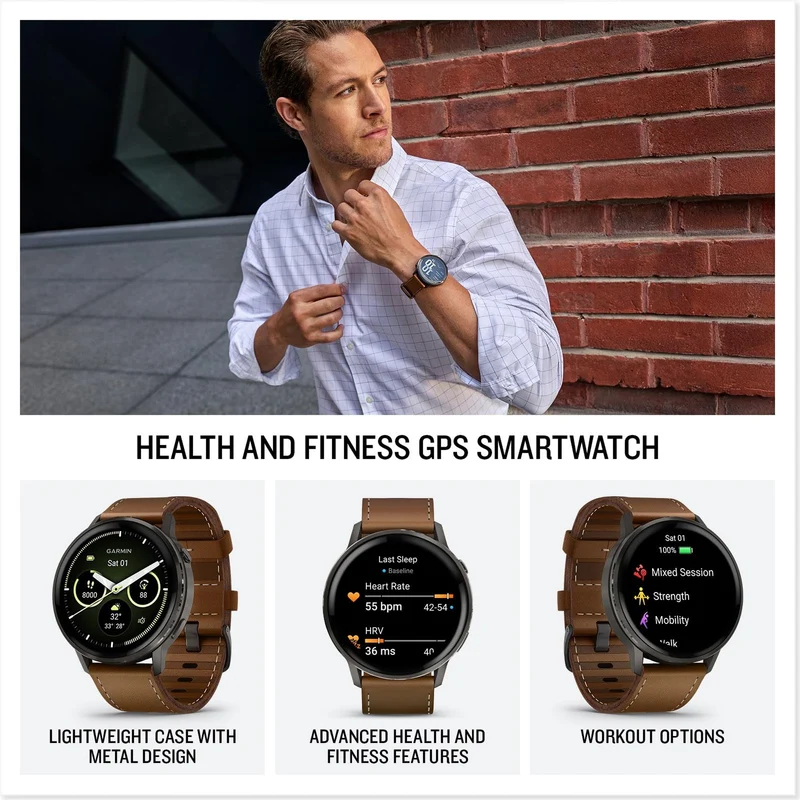 Garmin Venu® 4, 45mm, Advanced Health and Fitness GPS Smartwatch, Bright and Colorful Display, Built-in Flashlight, 12 Days of Battery Life, Slate with Black Silicone Band/Brown Leather Band