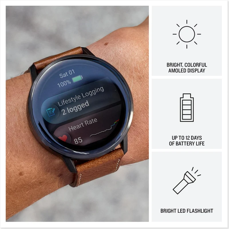 Garmin Venu® 4, 45mm, Advanced Health and Fitness GPS Smartwatch, Bright and Colorful Display, Built-in Flashlight, 12 Days of Battery Life, Slate with Black Silicone Band/Brown Leather Band