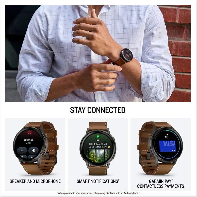 Garmin Venu® 4, 45mm, Advanced Health and Fitness GPS Smartwatch, Bright and Colorful Display, Built-in Flashlight, 12 Days of Battery Life, Slate with Black Silicone Band/Brown Leather Band