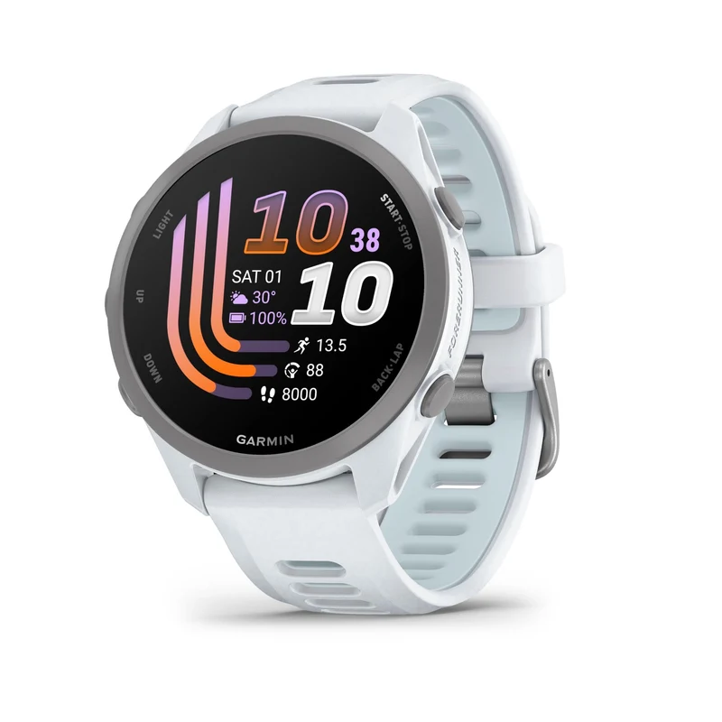 Garmin Forerunner® 170 Music, GPS Running Smartwatch, Advanced Training Metrics and Recovery Insights Plus Music Storage, Whitestone with Whitestone/Cloud Blue Band