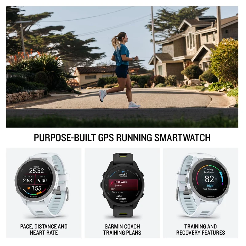 Garmin Forerunner® 170 Music, GPS Running Smartwatch, Advanced Training Metrics and Recovery Insights Plus Music Storage, Whitestone with Whitestone/Cloud Blue Band