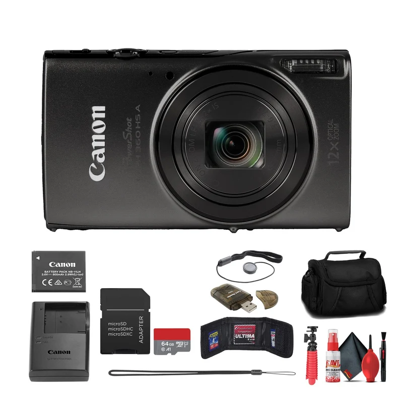 Canon PowerShot ELPH 360 HS A Camera + 64GB Card + Case + More (International Version)