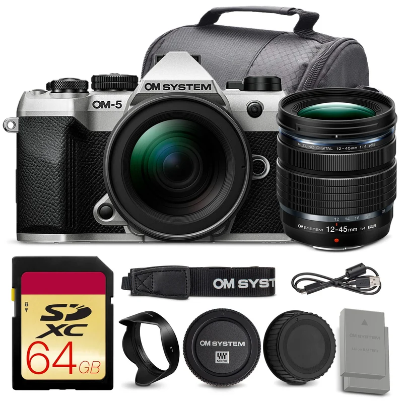 OM SYSTEM OM-5 Mark II Mirrorless Camera with 12-45mm f/4 PRO Lens Bundle + 64GB Card + Battery