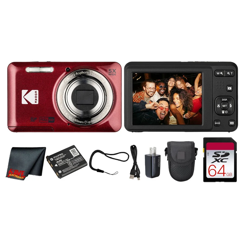 Kodak PIXPRO FZ55 Digital Camera (Red) (FZ55RD) + 64GB Card + Case + Cleaning Cloth