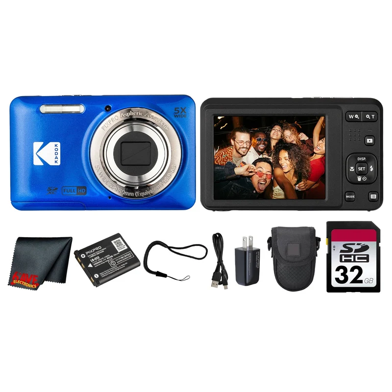 Kodak PIXPRO FZ55 Digital Camera (Blue) (FZ55BL) + 32GB Card + Case + Cleaning Cloth