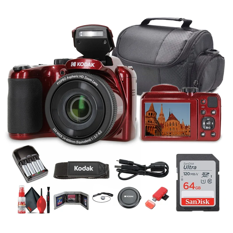 Kodak Pixpro AZ255 Digital Camera in Red (AZ255RD) Bundle with Accessories