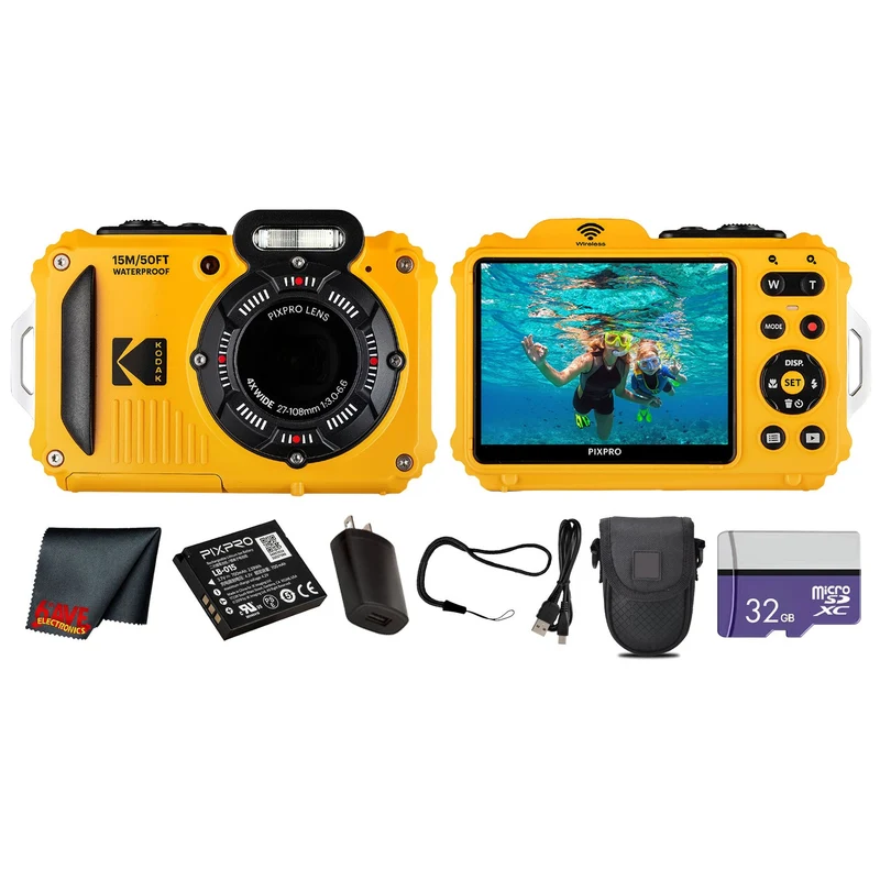 Kodak PIXPRO WPZ2 Digital Camera (Yellow) (WPZ2YL) + 32GB Card + Case + Cleaning Cloth