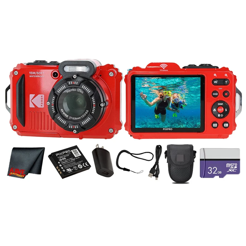 Kodak PIXPRO WPZ2 Digital Camera (Red) (WPZ2-RD) + 32GB Card + Case + Cleaning Cloth