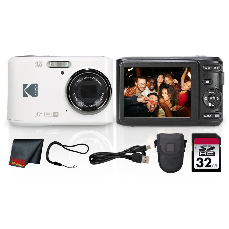 Kodak PIXPRO FZ45 Digital Camera (White) (FZ45WH) + 32GB Card + Camera Case + Cleaning Cloth