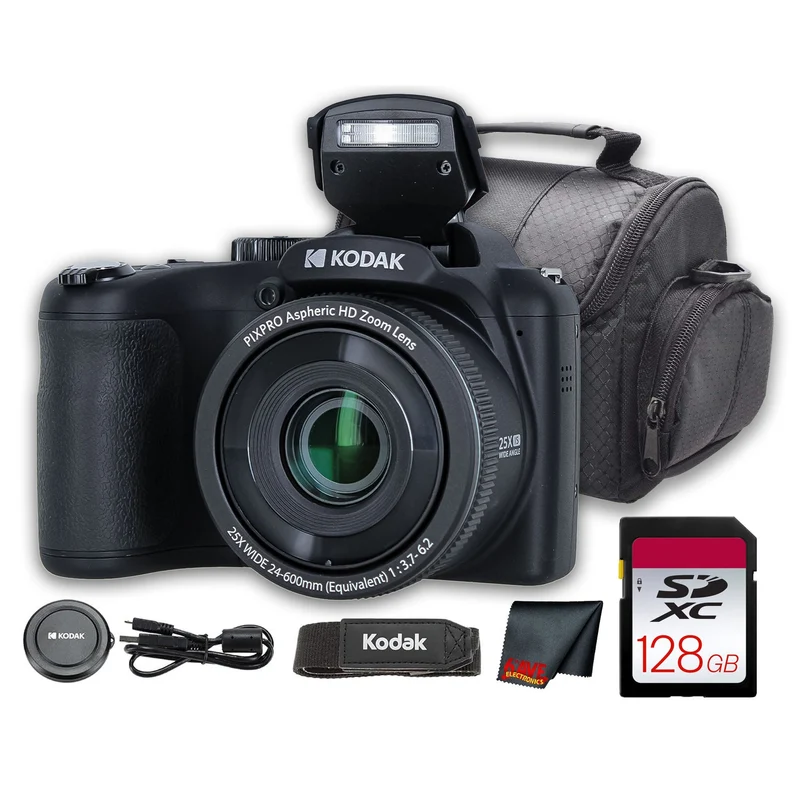 Kodak PIXPRO AZ255 Digital Camera (Black) (AZ255BK) + 128GB Card + Bag + Cloth