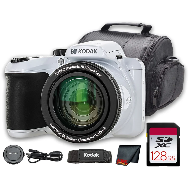 Kodak PIXPRO AZ405 Digital Camera (White) (AZ405WH) + 128GB Card + Bag + Cloth