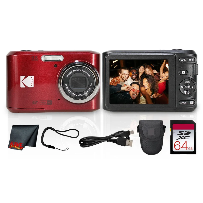 Kodak PIXPRO FZ45 Digital Camera (Red) (FZ45RD) + 64GB Card + Camera Case + Cleaning Cloth