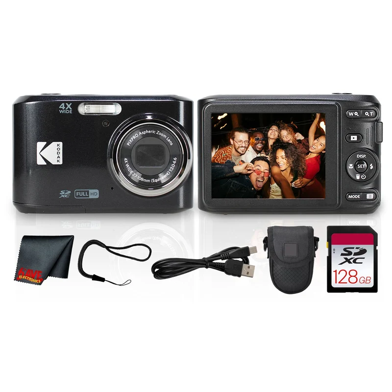Kodak PIXPRO FZ45 Digital Camera (Black) (FZ45BK) + 128GB Card + Camera Case + Cleaning Cloth