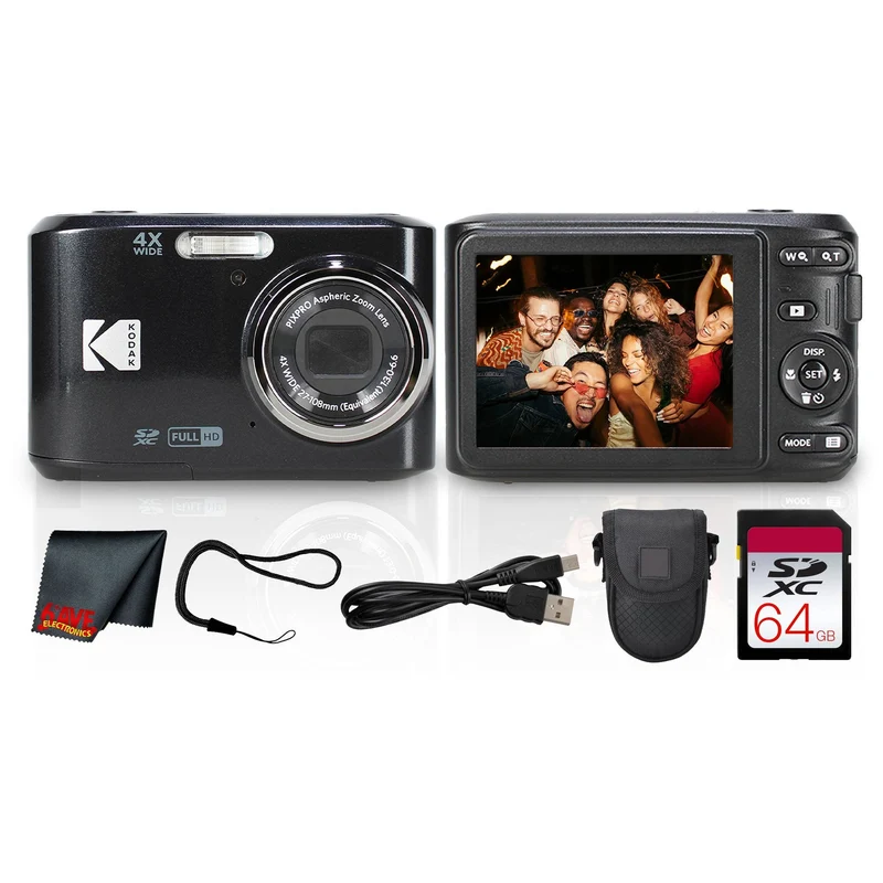Kodak PIXPRO FZ45 Digital Camera (Black) (FZ45BK) + 64GB Card + Camera Case + Cleaning Cloth