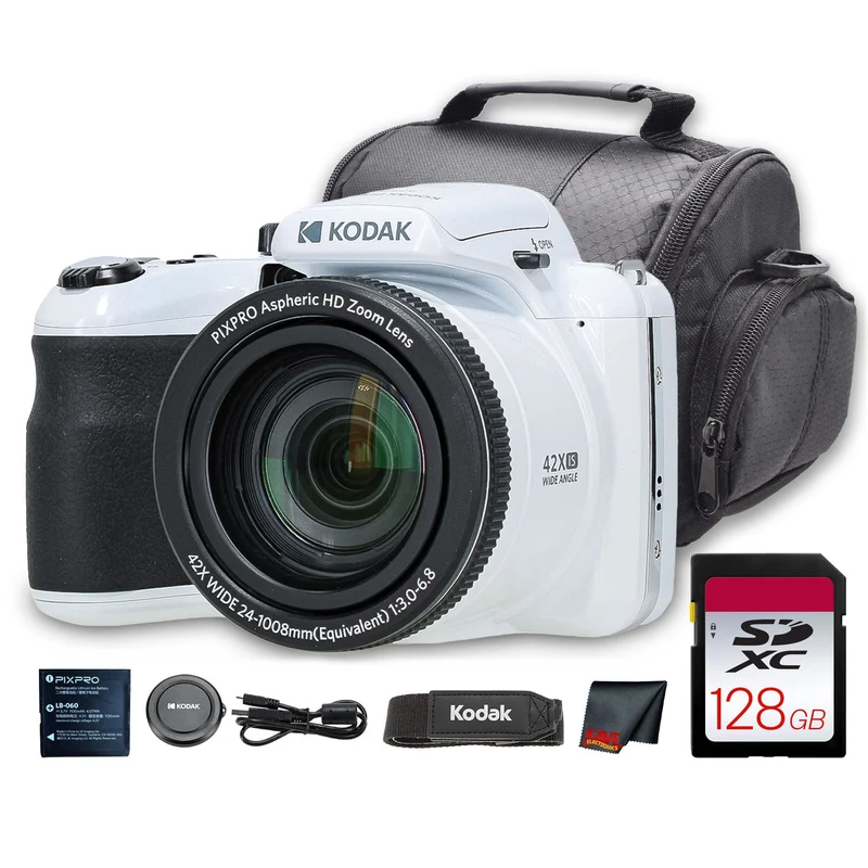Kodak PIXPRO AZ425 Digital Camera (White) (AZ425WH) + 128GB Card + Bag + Cloth