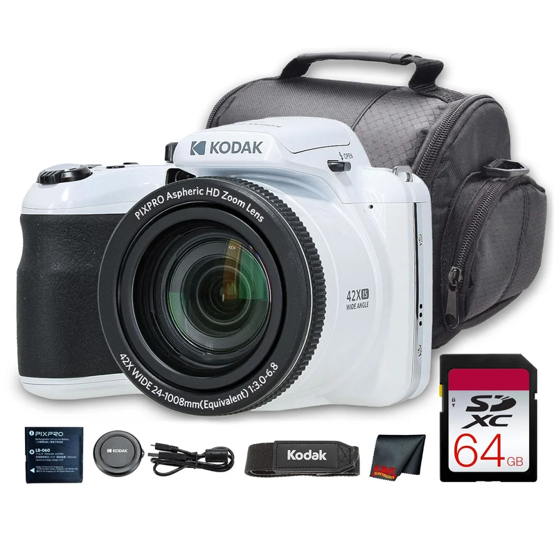 Kodak PIXPRO AZ425 Digital Camera (White) (AZ425WH) + 64GB Card + Bag + Cloth