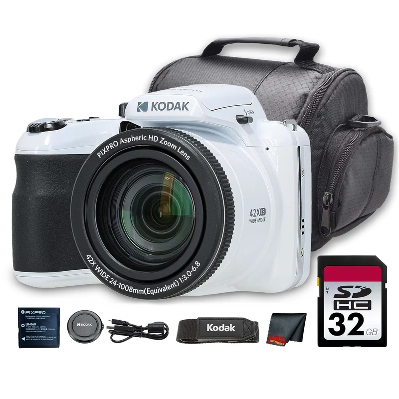 Kodak PIXPRO AZ425 Digital Camera (White) (AZ425WH) + 32GB Card + Bag + Cloth