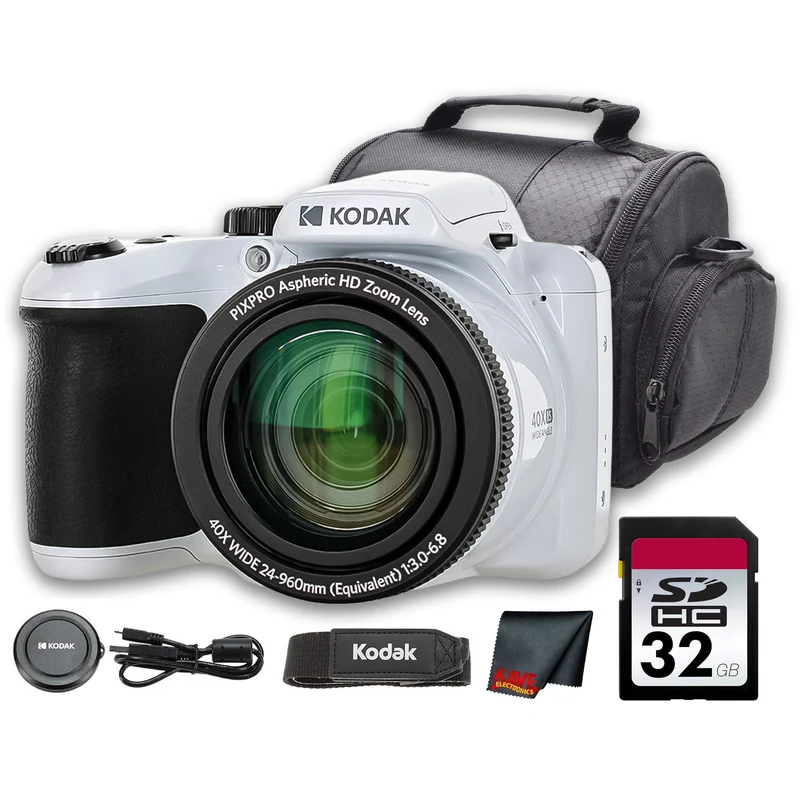 Kodak PIXPRO AZ405 Digital Camera (White) (AZ405WH) + 32GB Card + Bag + Cloth