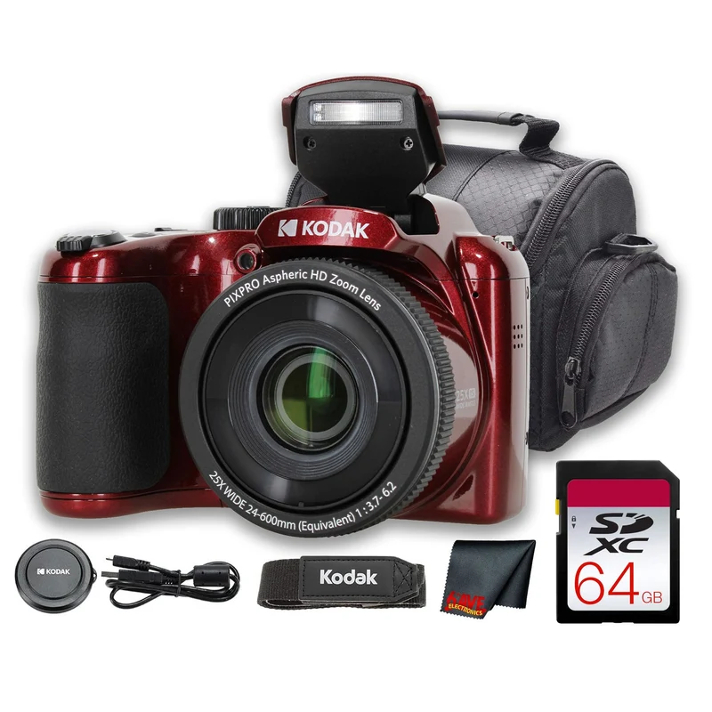 Kodak PIXPRO AZ255 Digital Camera (Red) (AZ255RD) + 64GB Card + Bag + Cloth